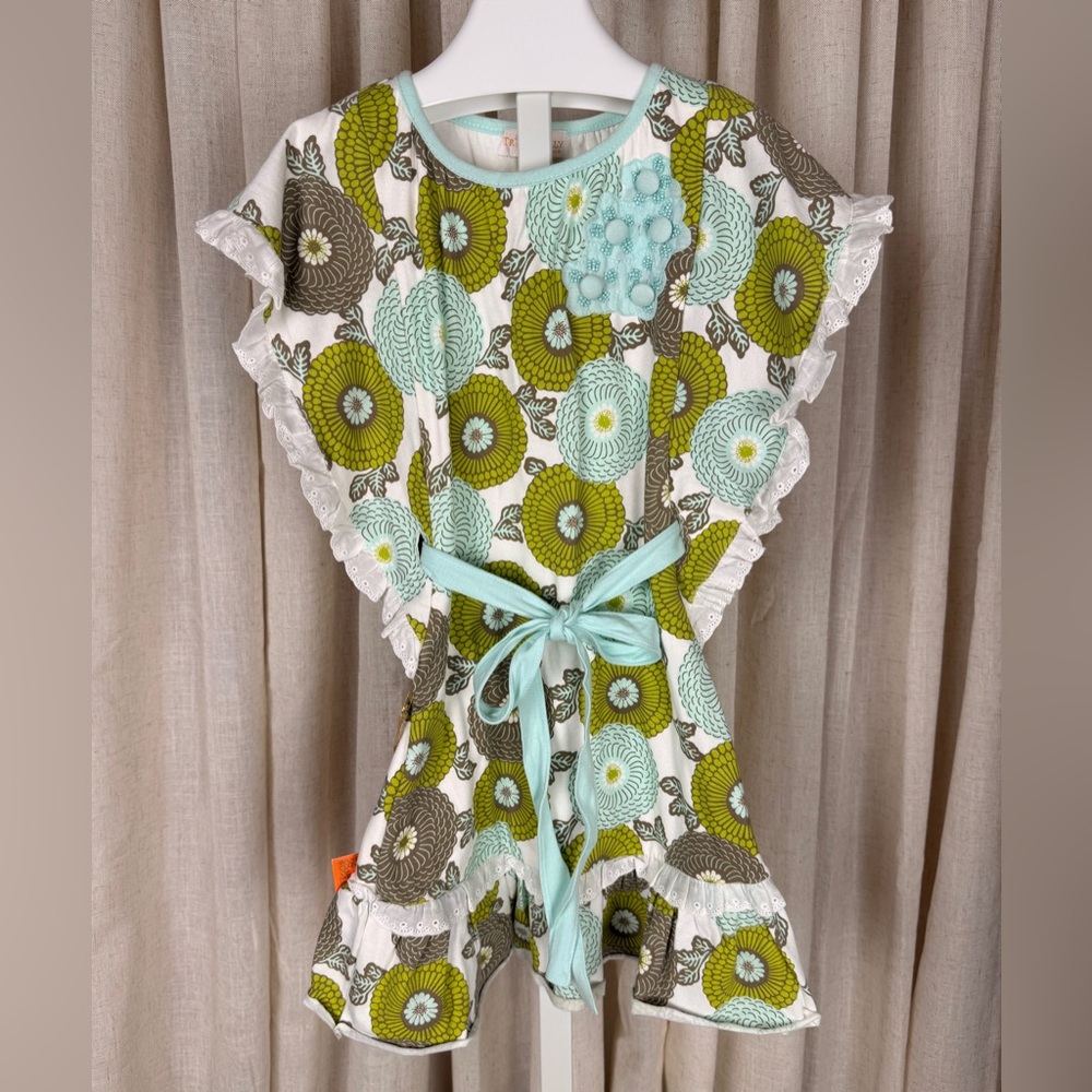 TRISH SCULLY Floral Tie-Waist Fluttery Dress in Mint & Olive 3T NWT